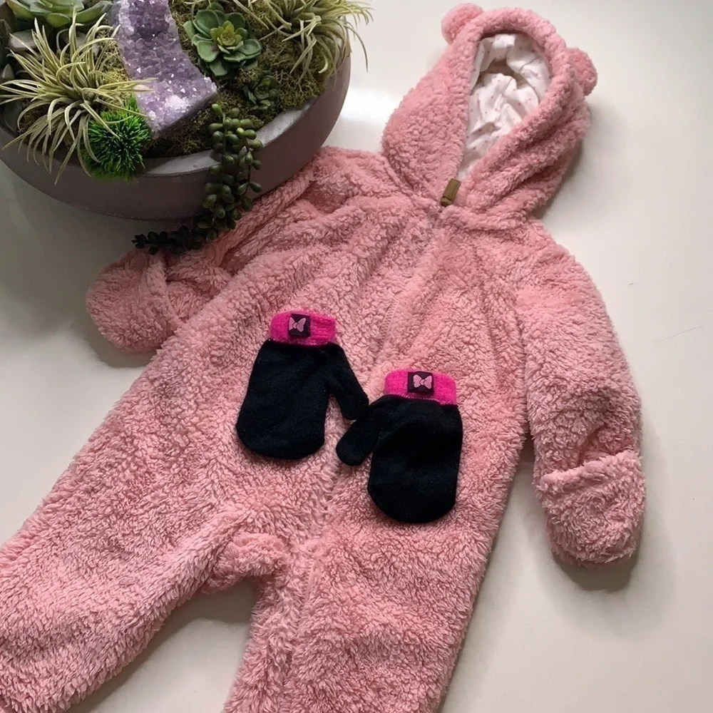 Carters pink teddy fleece footed bodysuit mitten hand covers Infant 6 months